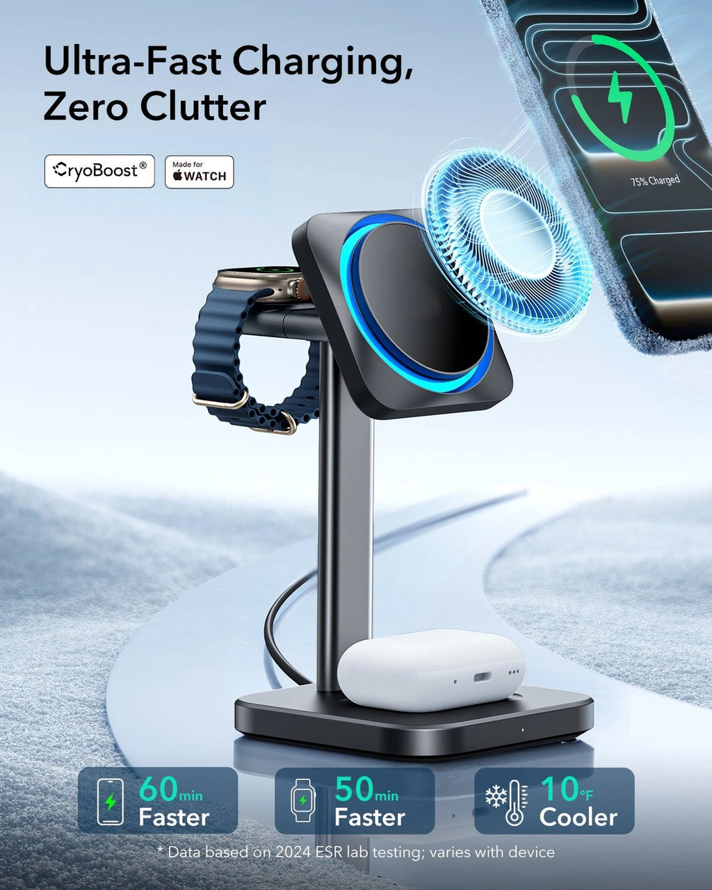 15W 3-in-1 Wireless Charging Station with CryoBoost (HaloLock) and AirPods Pro 3 Pulse FlickLock Case Bundle - Black - US Plug