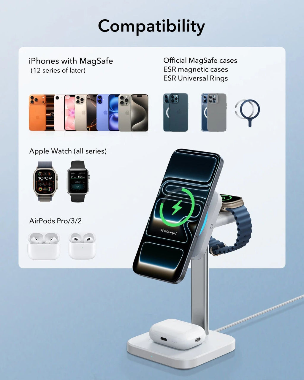 15W 3-in-1 Wireless Charging Station with CryoBoost (HaloLock) and AirPods Pro 3 Pulse FlickLock Case Bundle - Black - US Plug