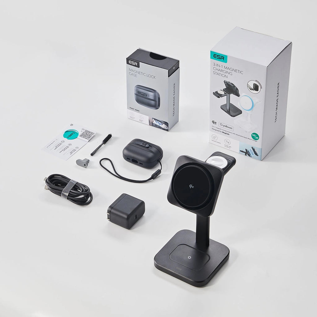 15W 3-in-1 Wireless Charging Station with CryoBoost (HaloLock) and AirPods Pro 3 Pulse FlickLock Case Bundle - Black - US Plug